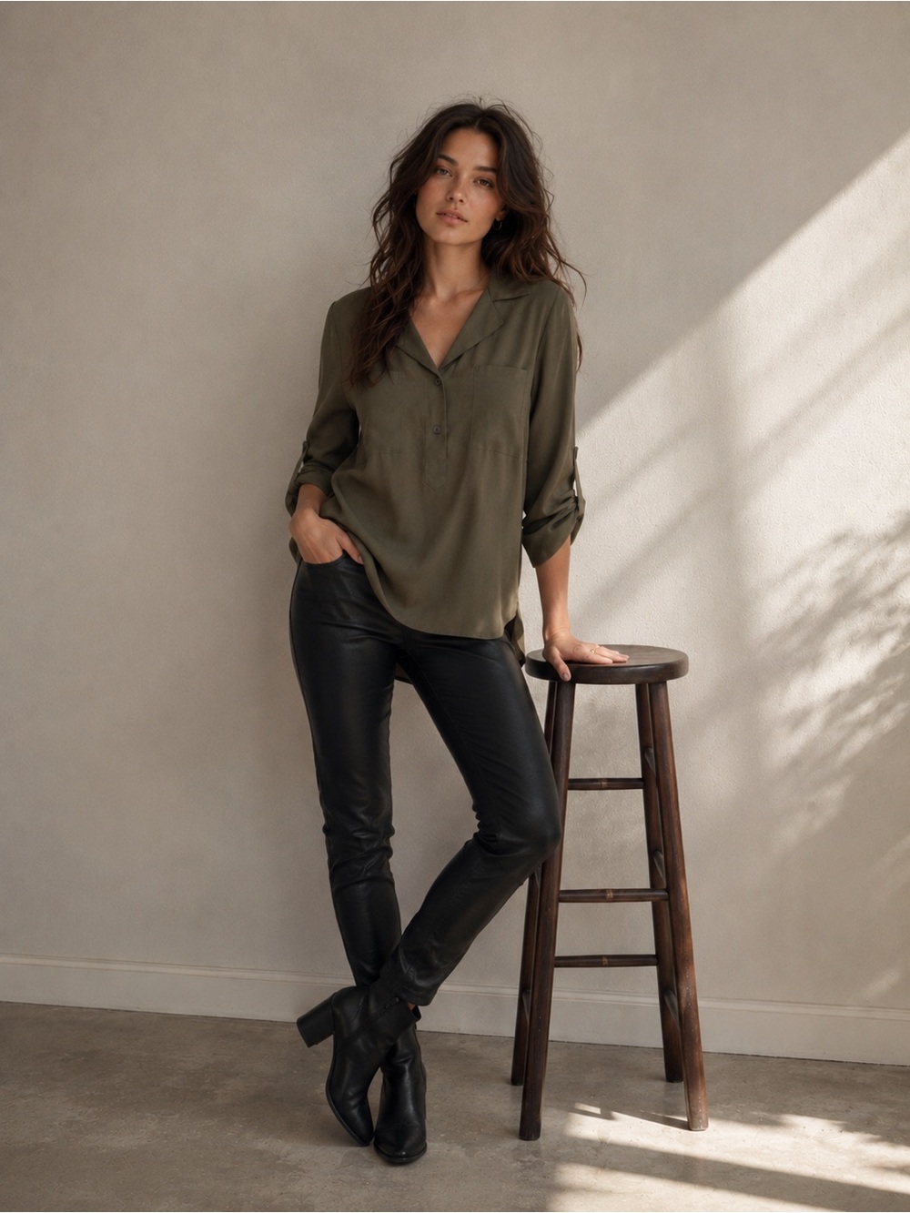Women’s Office V-Neck Button Business Casual Blouse- Olive Green